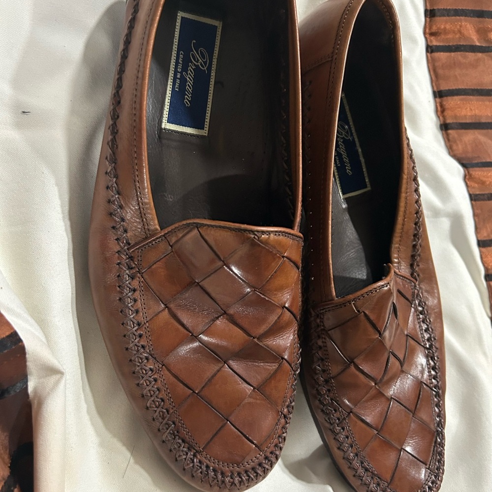Mens BRAGANNO Brown Woven Leather Slip On Loafer Made in ITALY 10